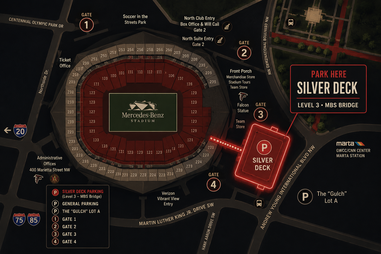 Map showing the Silver Deck and South VIP Entrance beside Mercedes-Benz Stadium