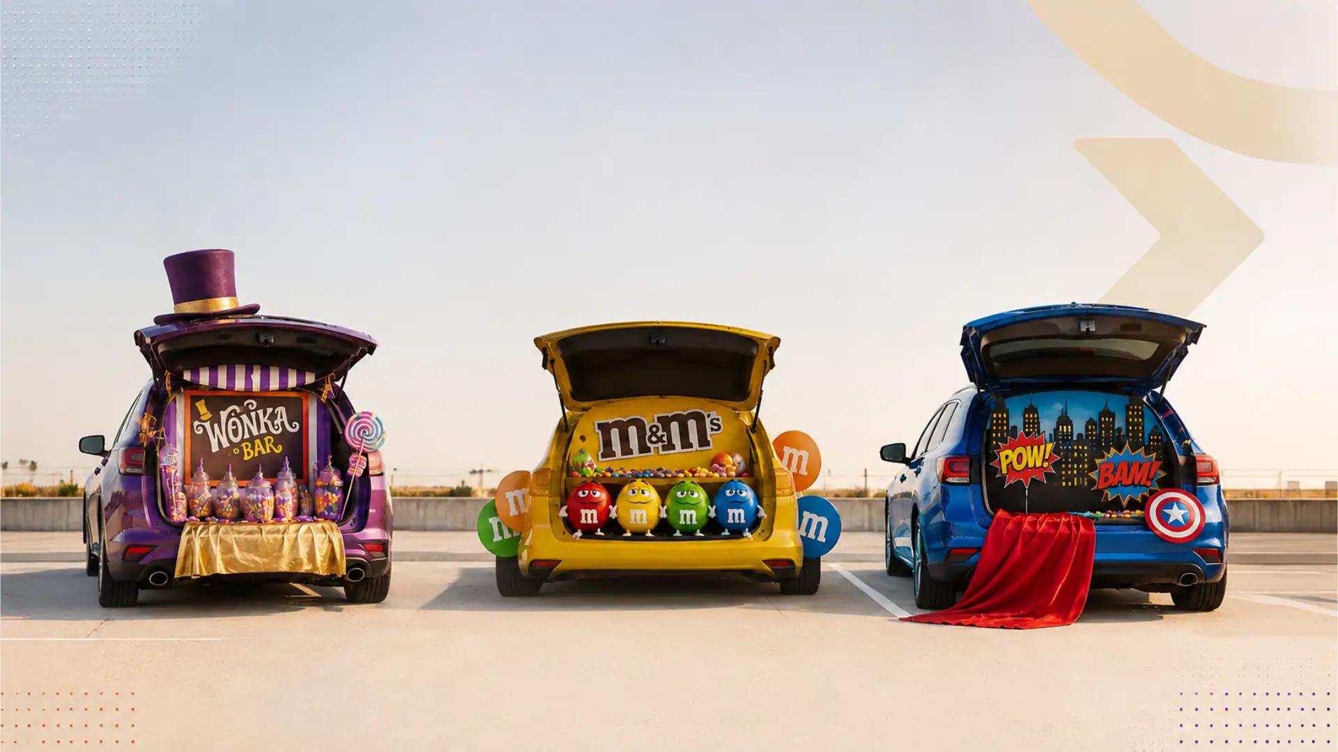 Three creatively decorated candy and superhero trunks ready for Trunk or Treat