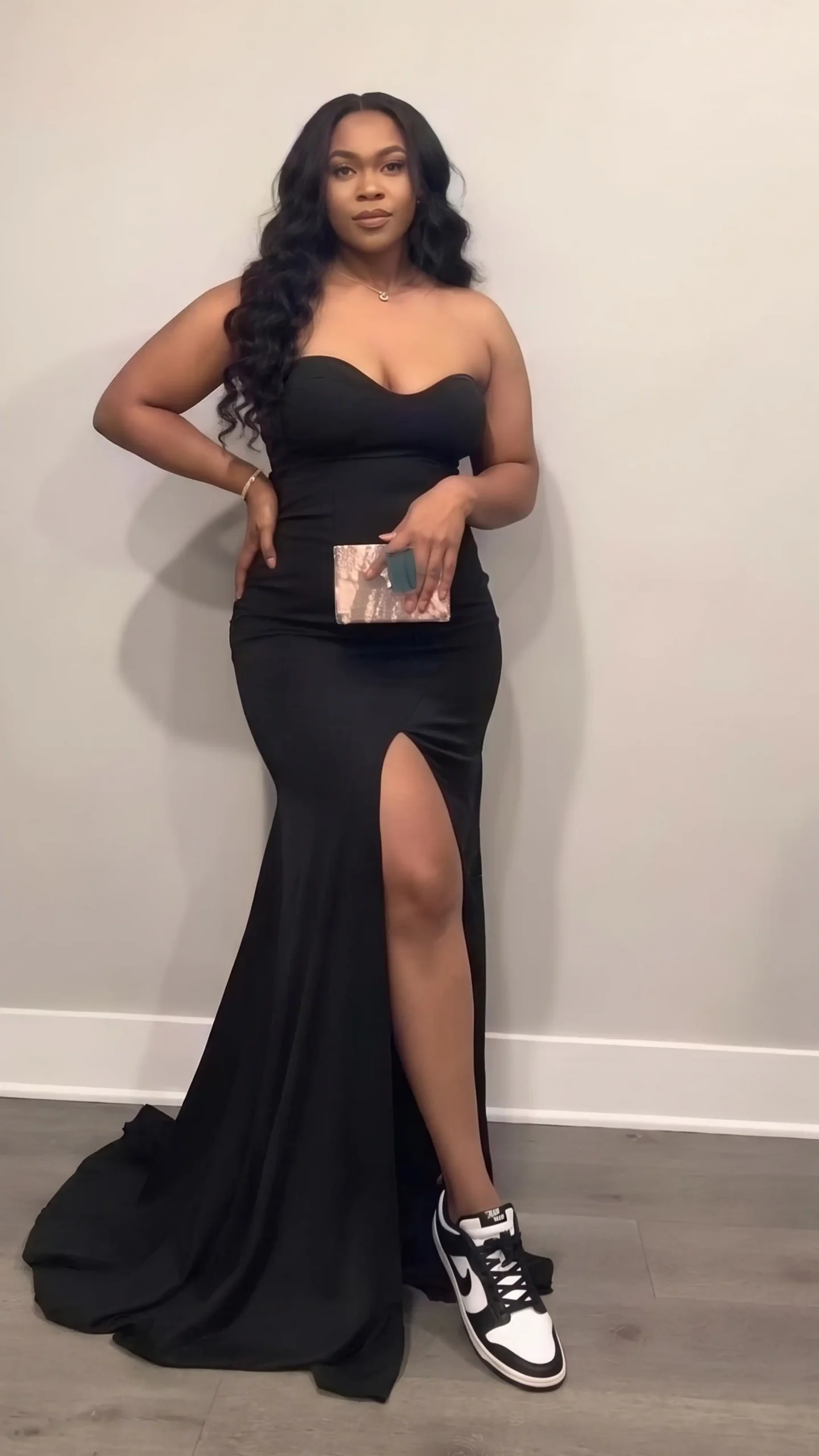 Formal dress styled with sneakers, outfit inspiration 4