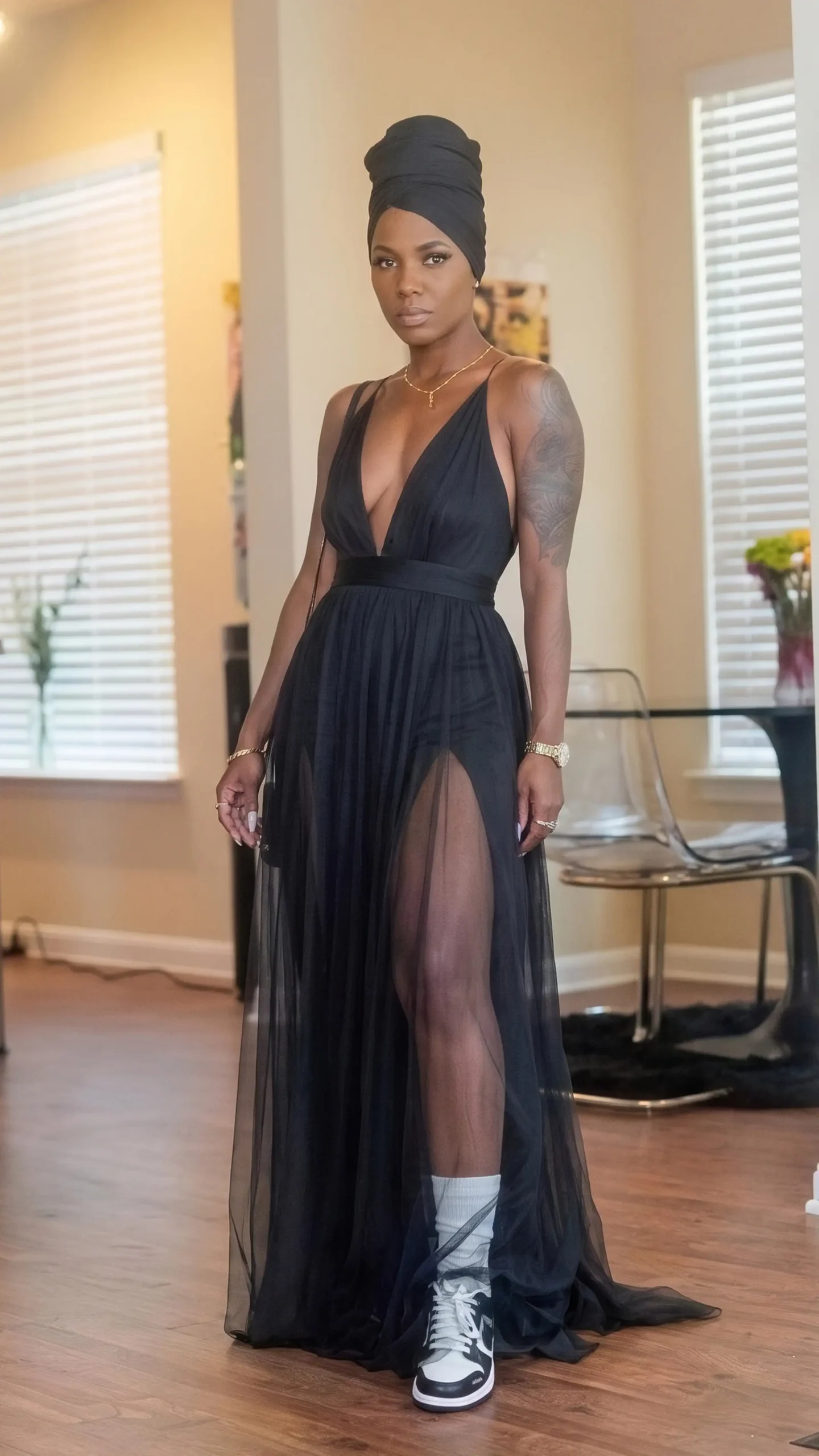 Formal dress styled with sneakers, outfit inspiration 5
